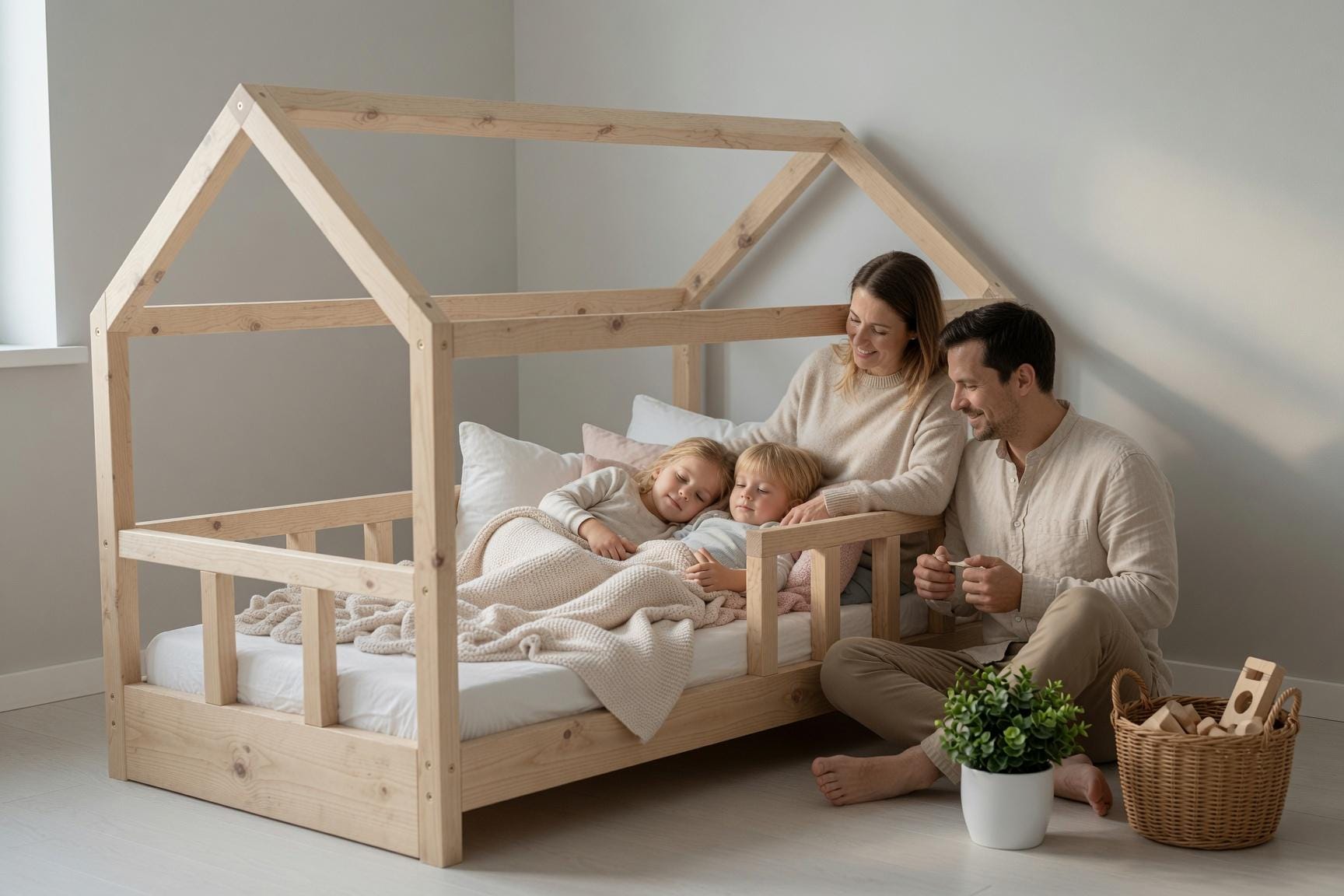 Solid Pine House Bed Frame for Kids | Montessori Floor Bed (141x71x112 cm)
