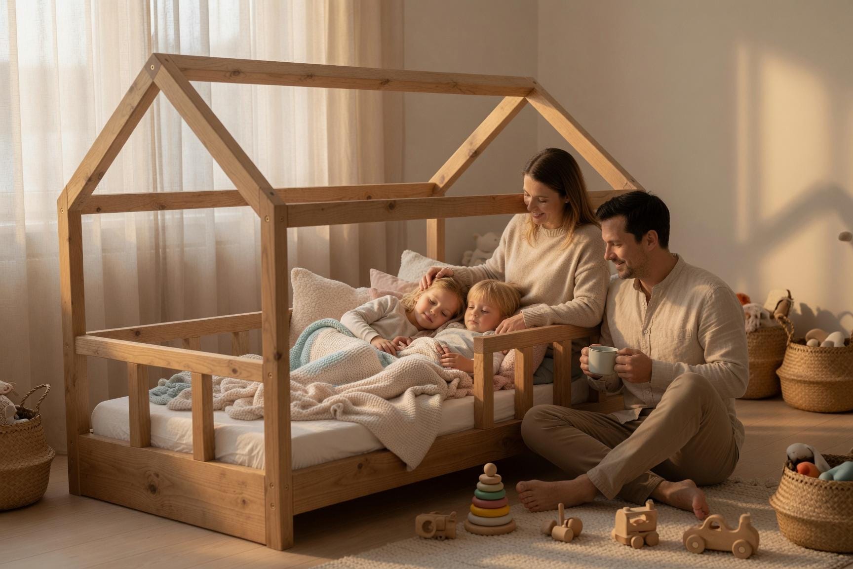 Solid Pine House Bed Frame for Kids | Montessori Floor Bed (141x71x112 cm)