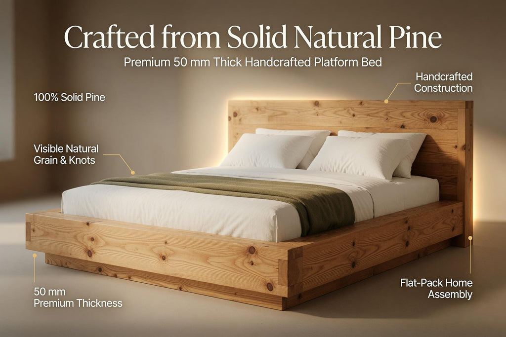 Solid Pine Platform Bed | Thick 50mm Wood, Handcrafted Rustic Frame, Flat-Pack Design