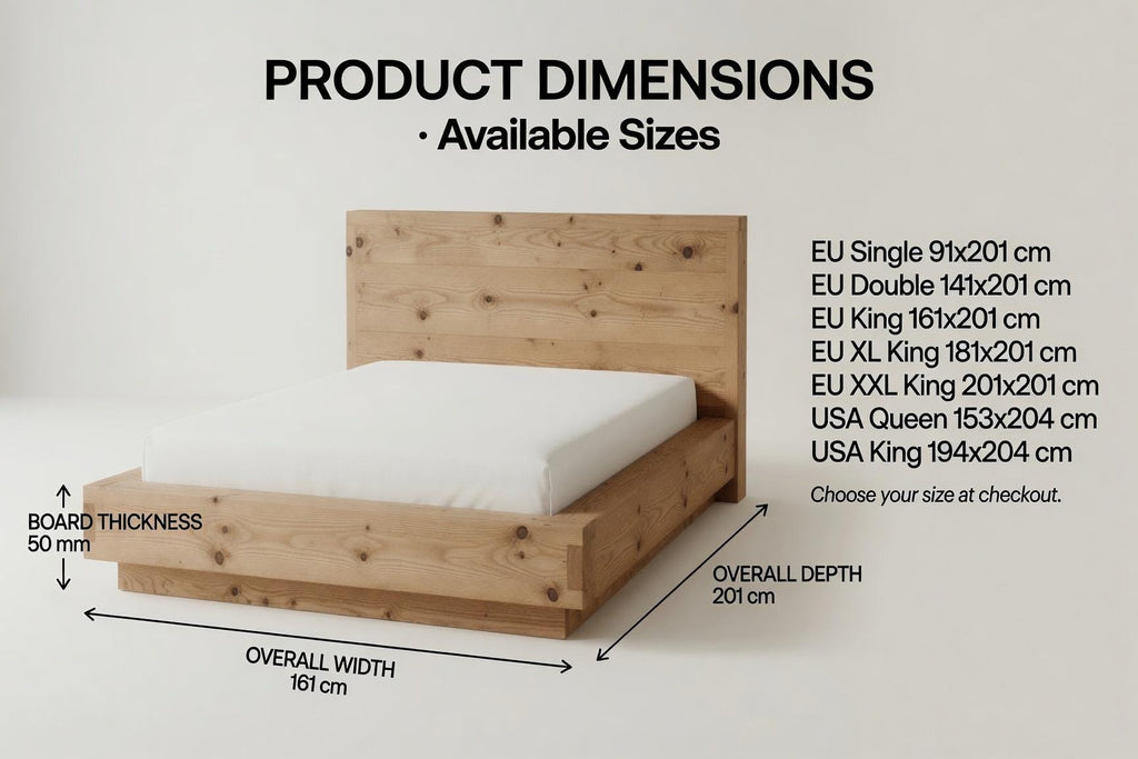Solid Pine Platform Bed | Thick 50mm Wood, Handcrafted Rustic Frame, Flat-Pack Design