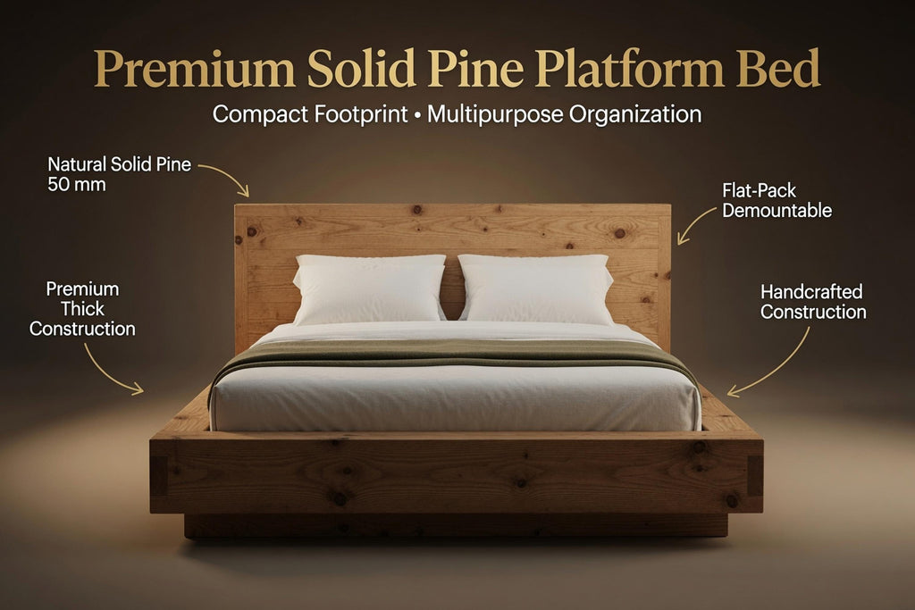 Solid Pine Platform Bed | Thick 50mm Wood, Handcrafted Rustic Frame, Flat-Pack Design