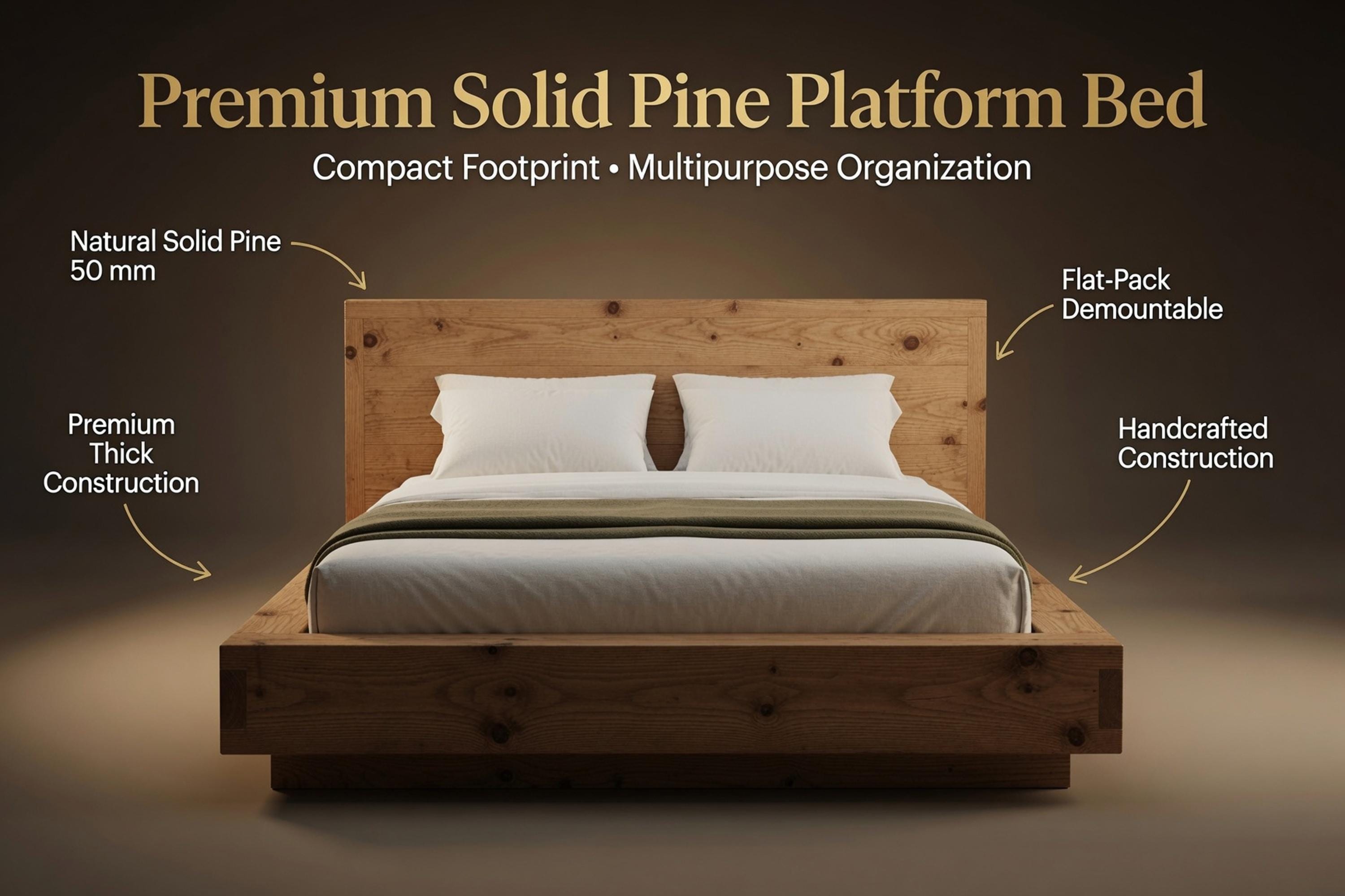 Solid Pine Platform Bed | Thick 50mm Wood, Handcrafted Rustic Frame, Flat-Pack Design