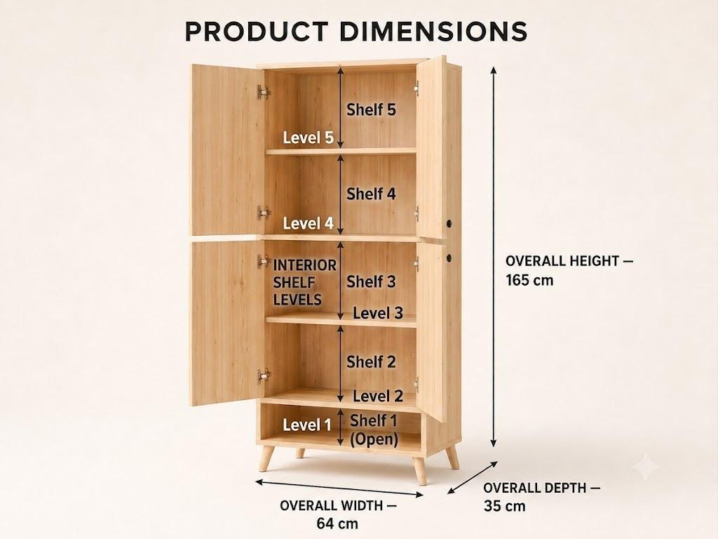 Natural Pine 4-Door 5-Shelf Wooden Storage Cabinet - Multipurpose