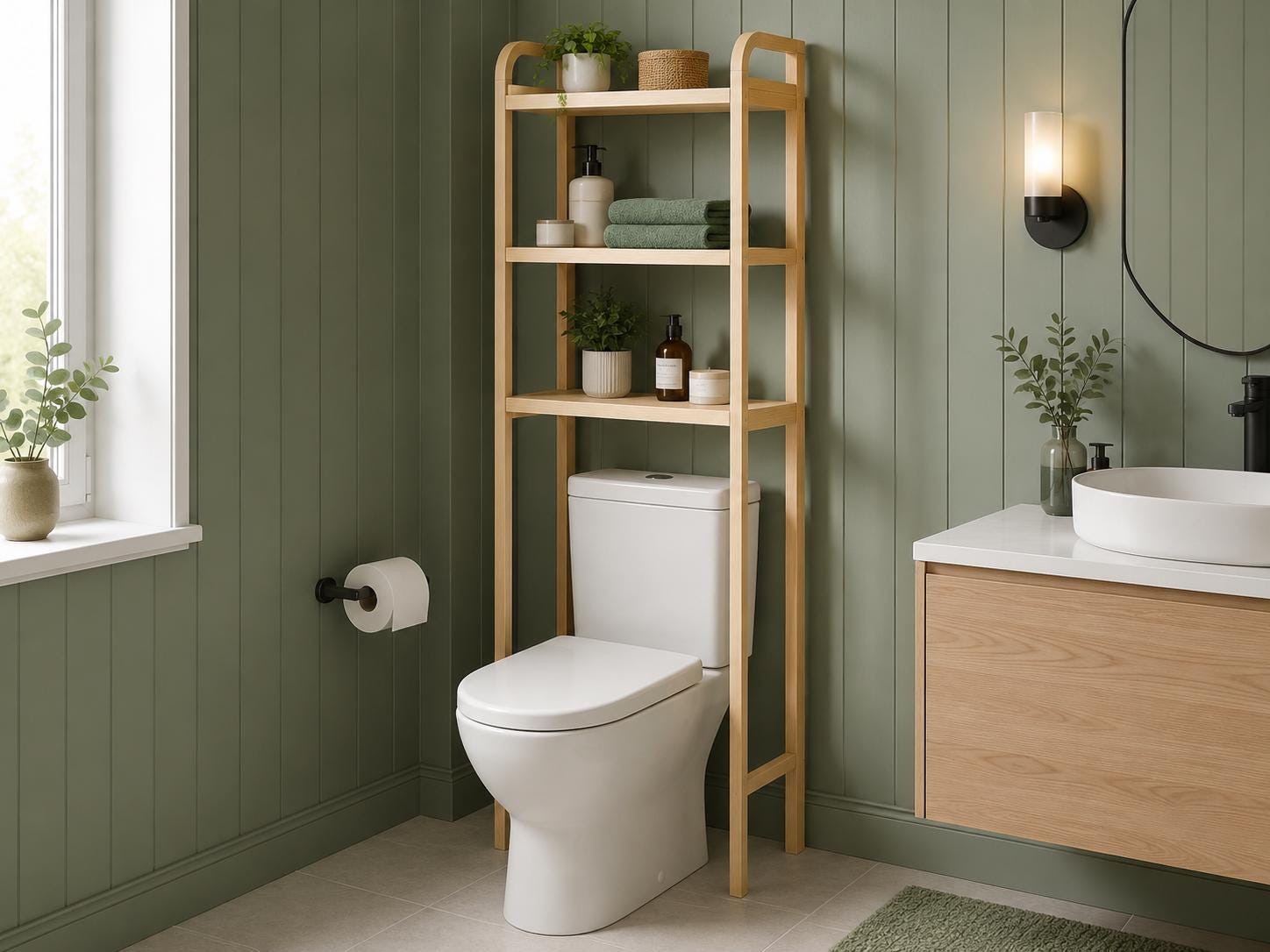 Natural Pine Wood Over Toilet Shelf Unit