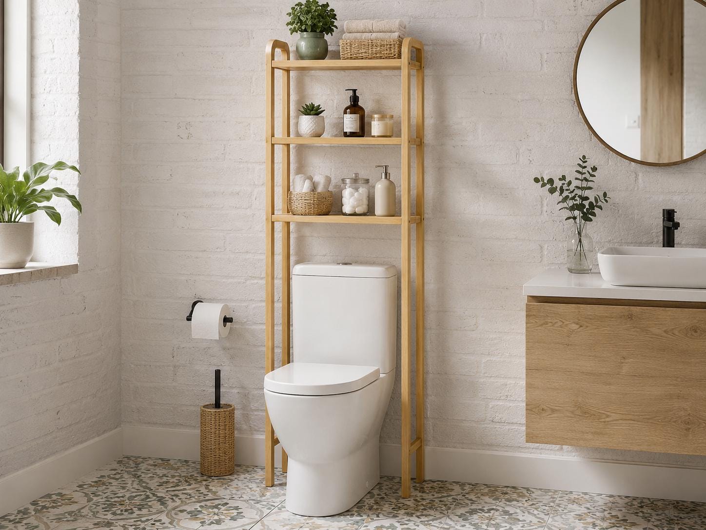 Natural Pine Wood Over Toilet Shelf Unit