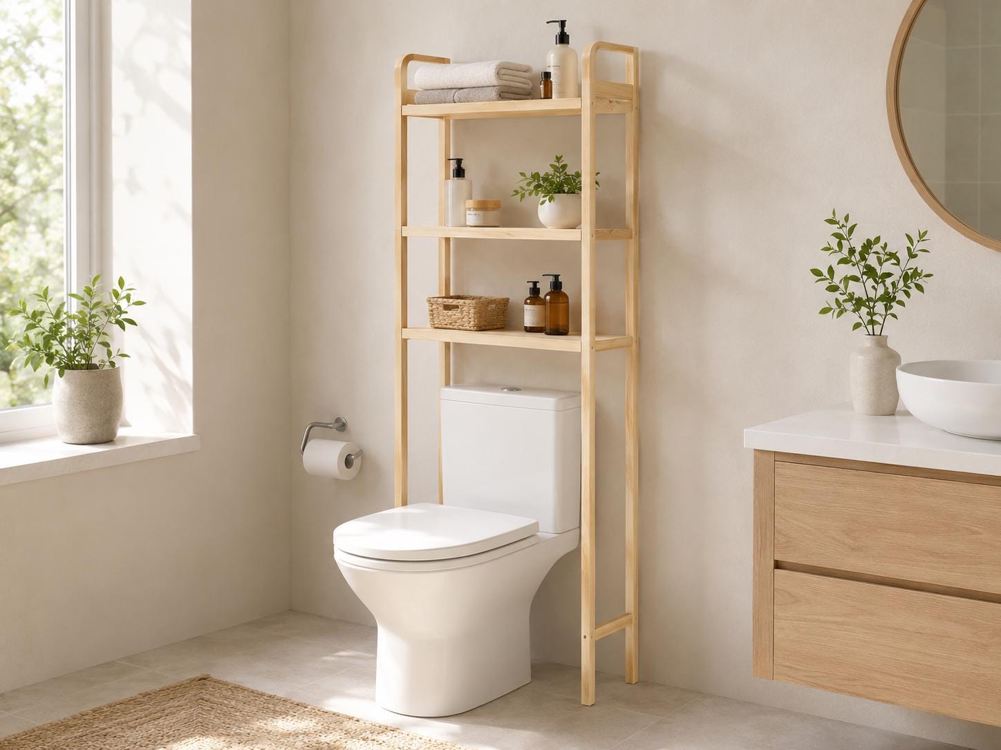 Natural Pine Wood Over Toilet Shelf Unit