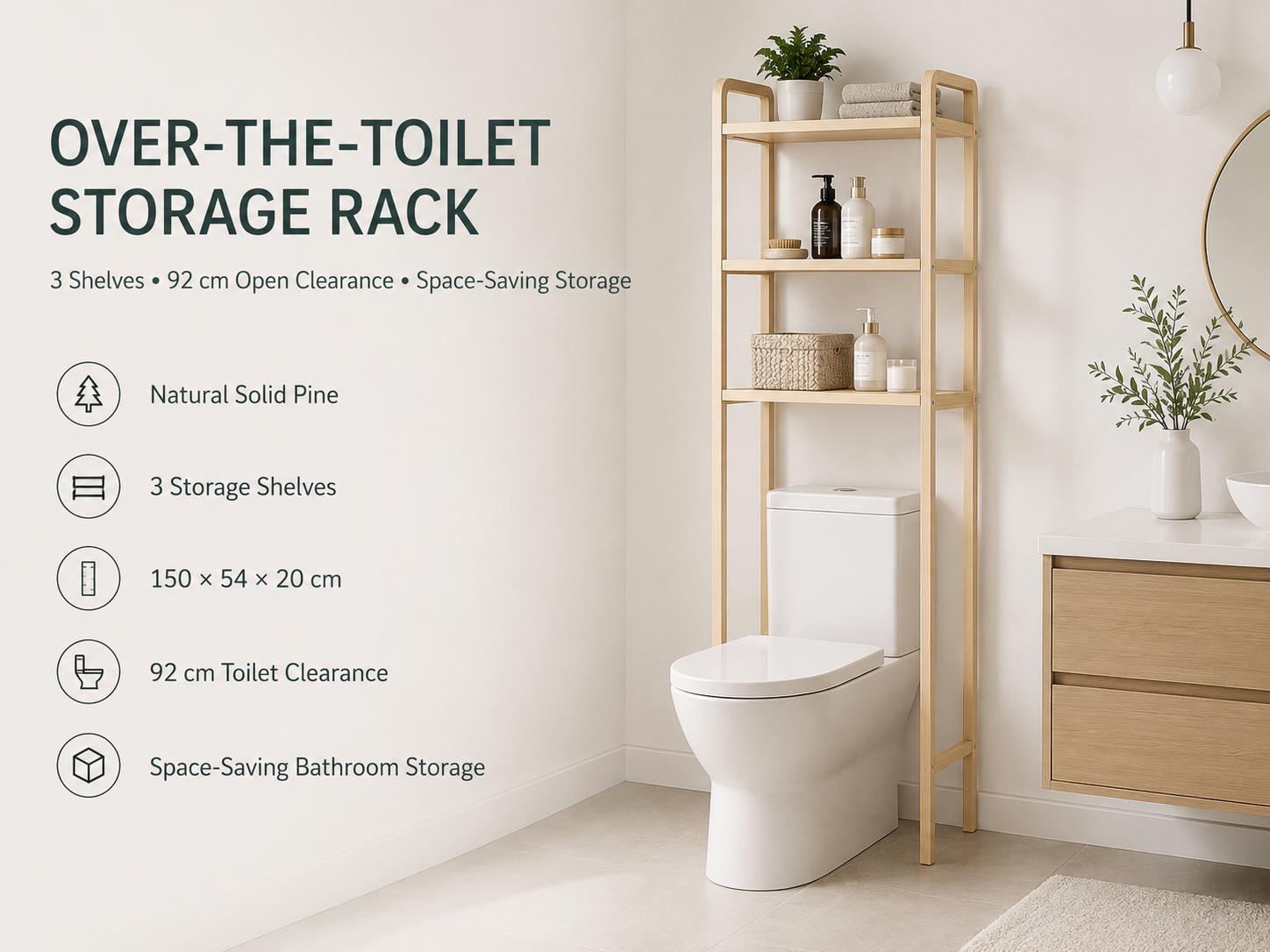 Natural Pine Wood Over Toilet Shelf Unit