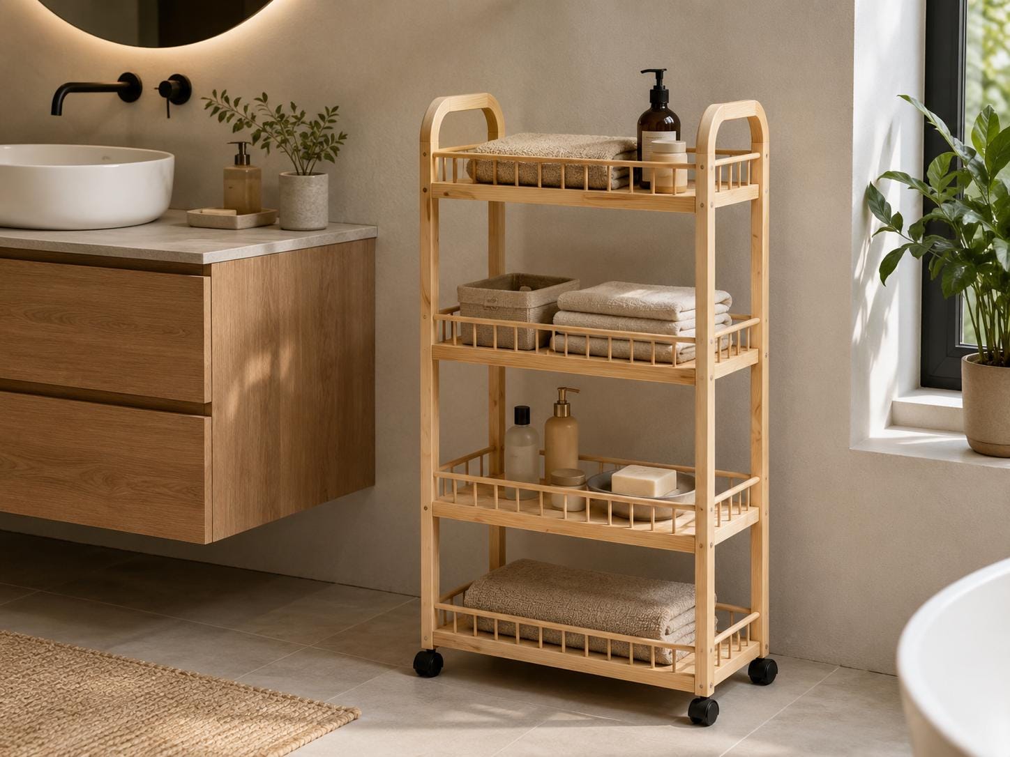 4-Tier Black Pine Wood Storage Cart with Wheels