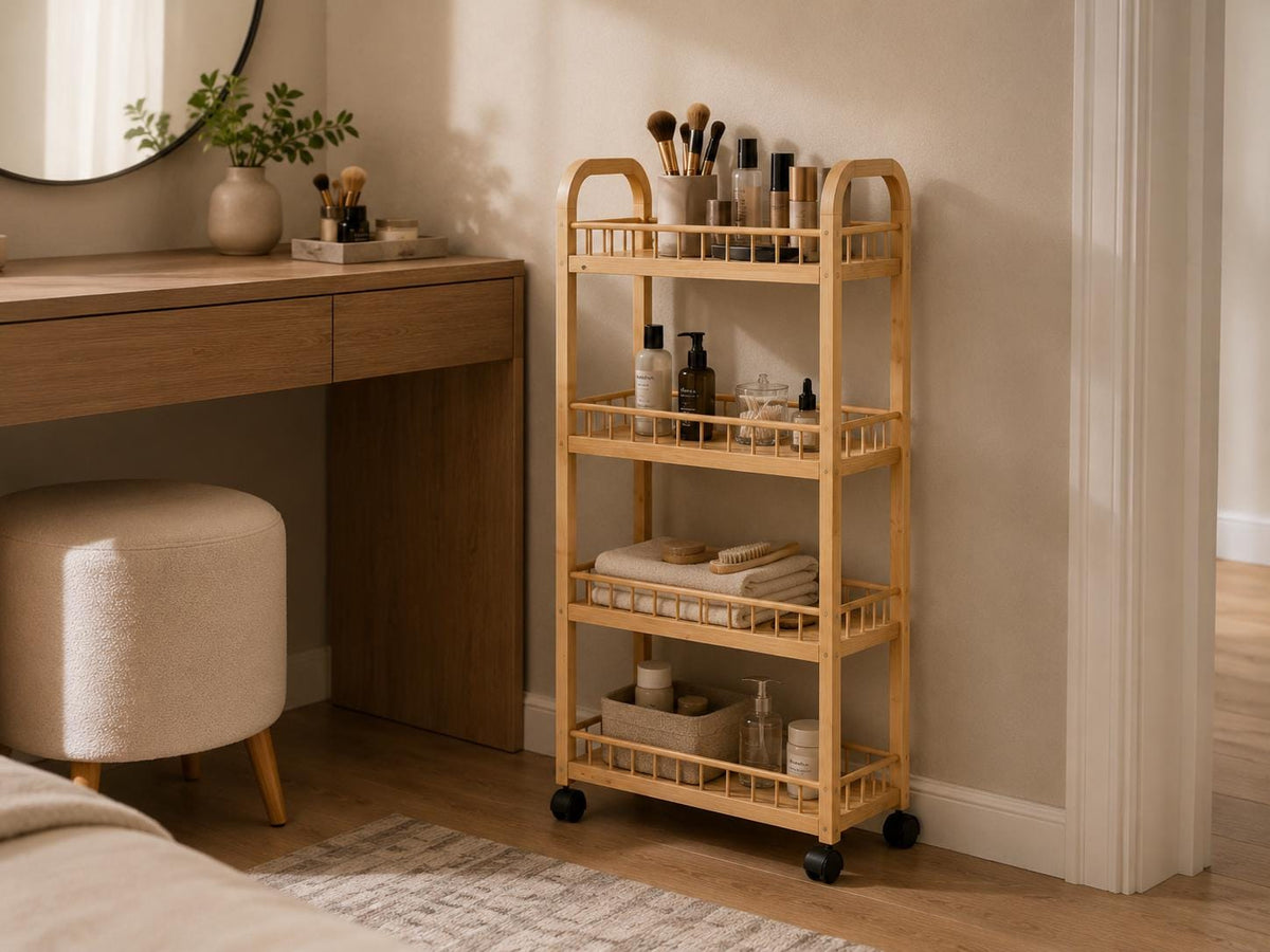 4-Tier Black Pine Wood Storage Cart with Wheels