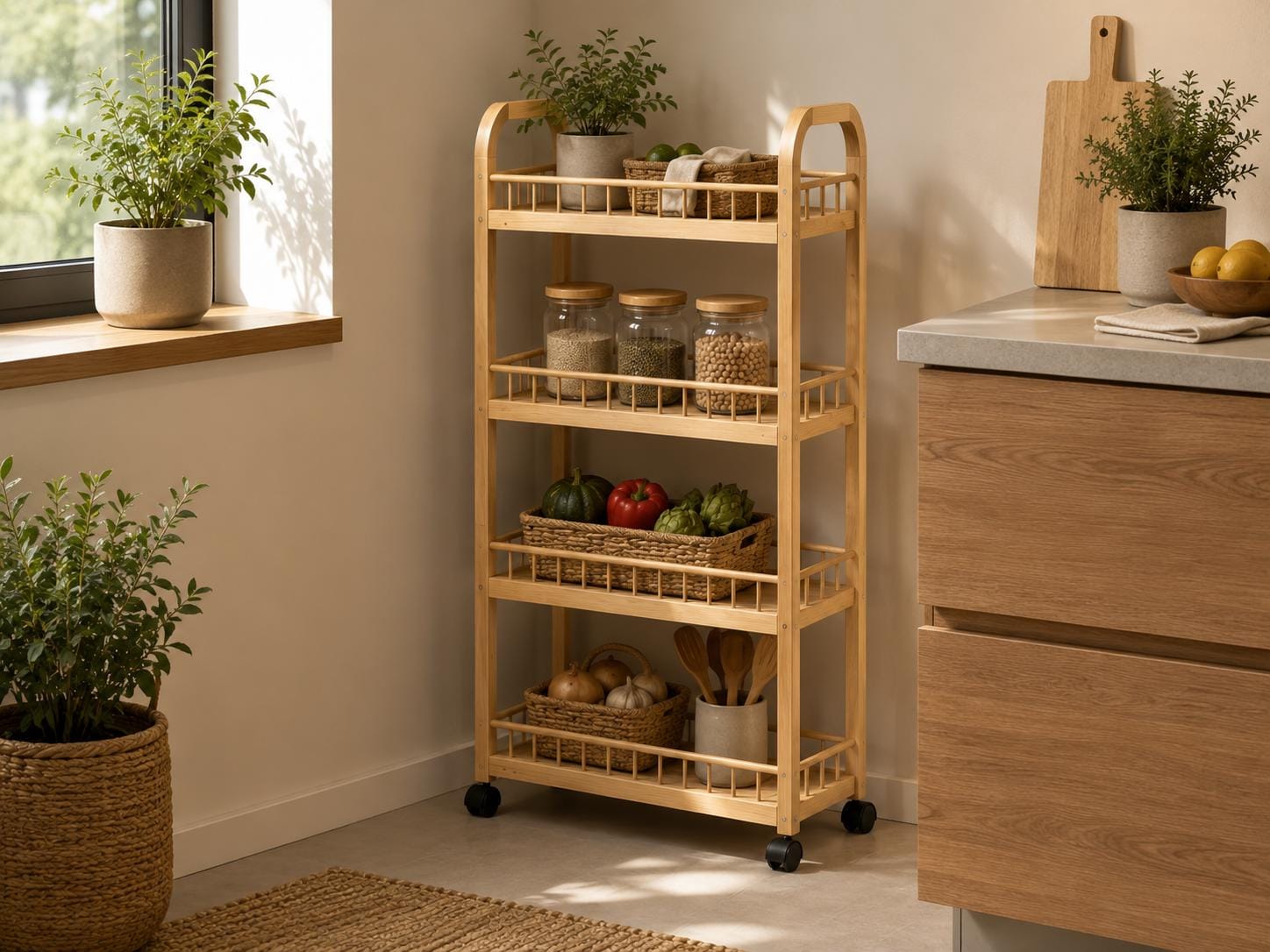 4-Tier Black Pine Wood Storage Cart with Wheels