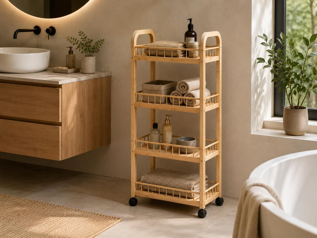 4-Tier Black Pine Wood Storage Cart with Wheels