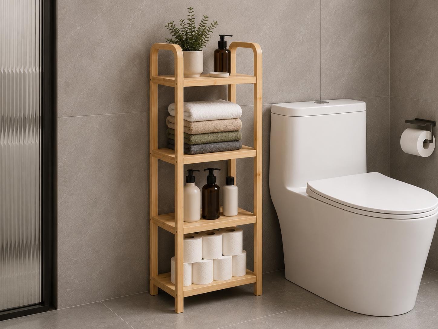 Natural Pine Wood Storage Rack with 4 Tiers