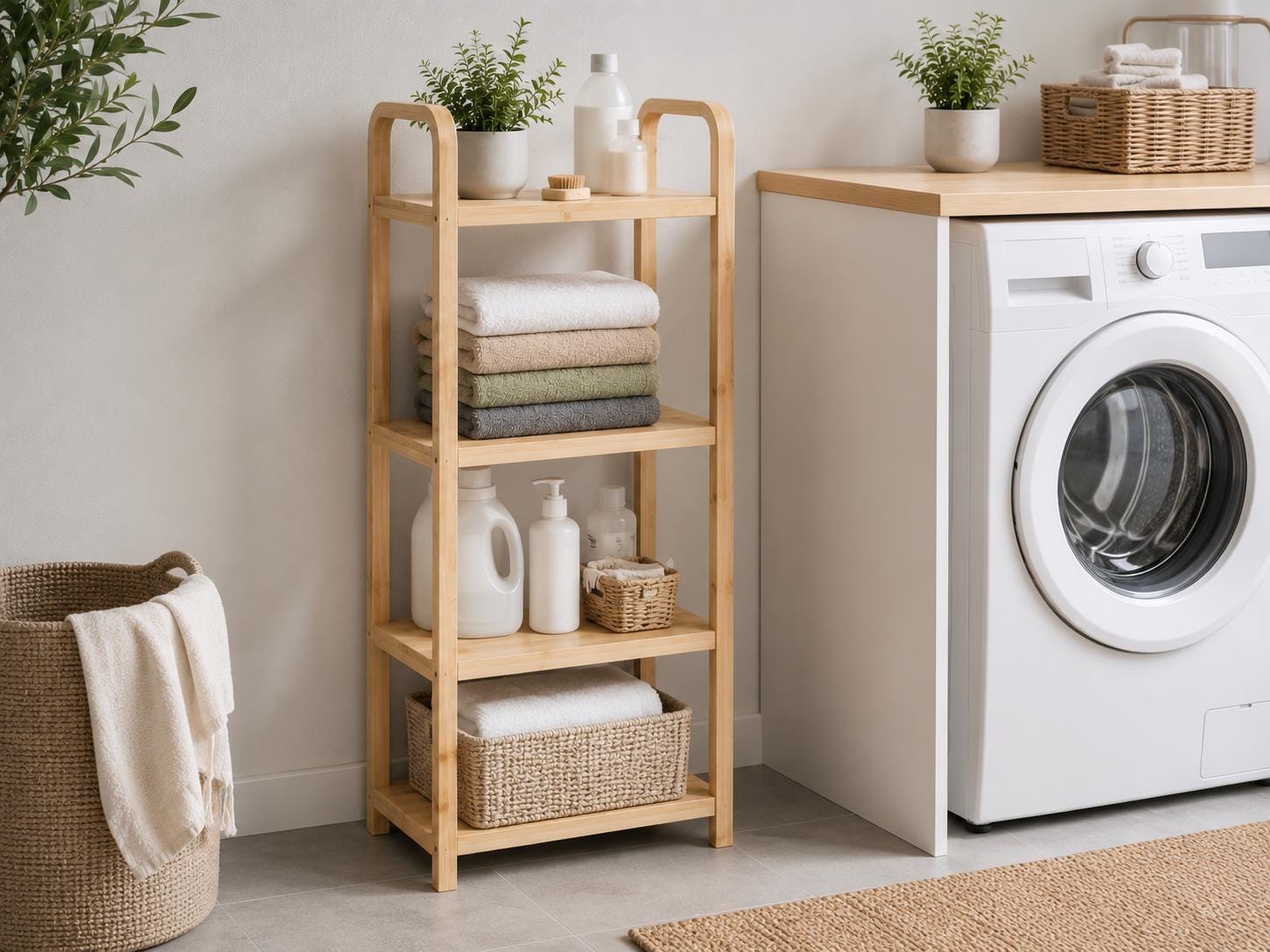 Natural Pine Wood Storage Rack with 4 Tiers