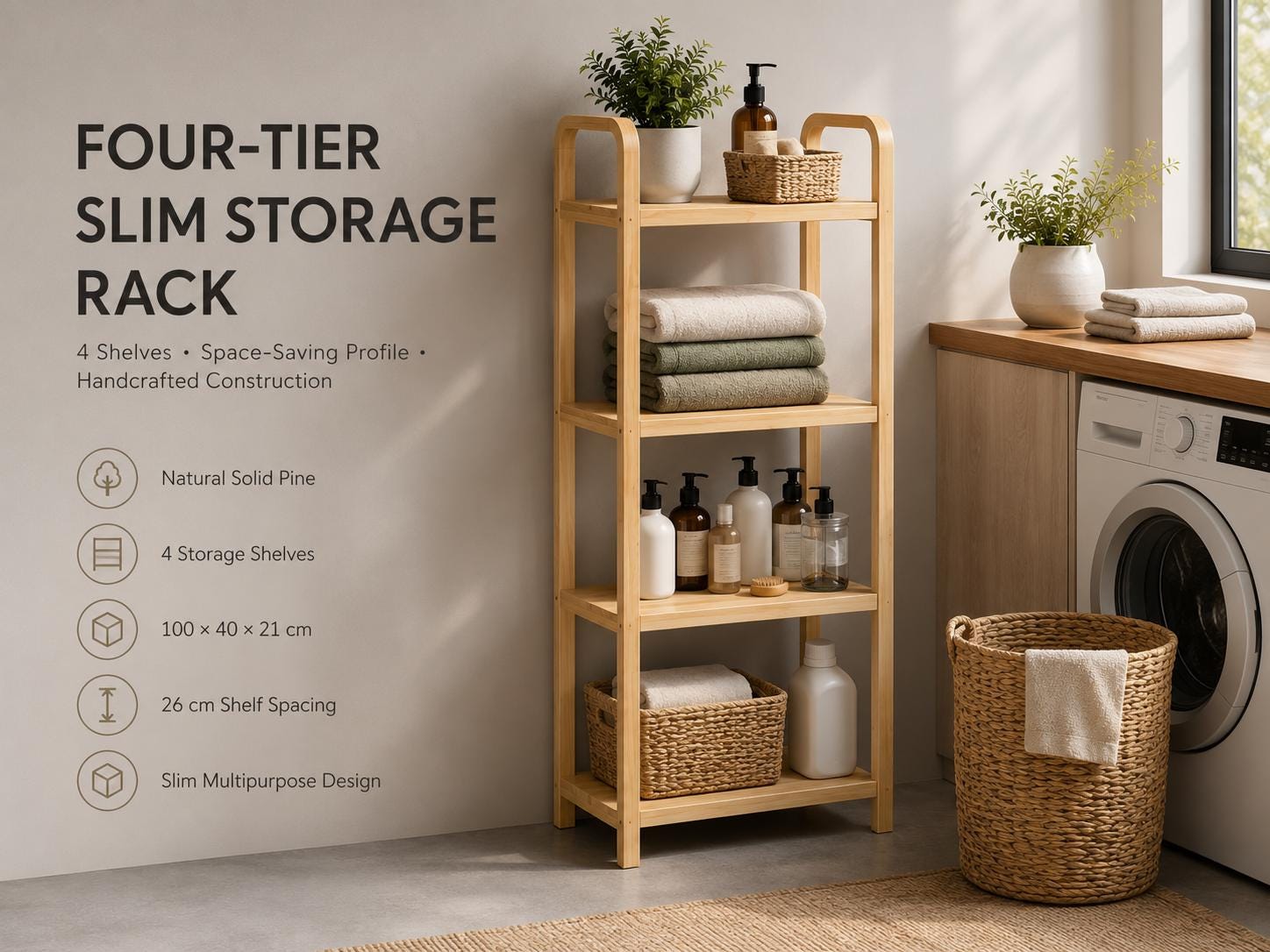 Natural Pine Wood Storage Rack with 4 Tiers