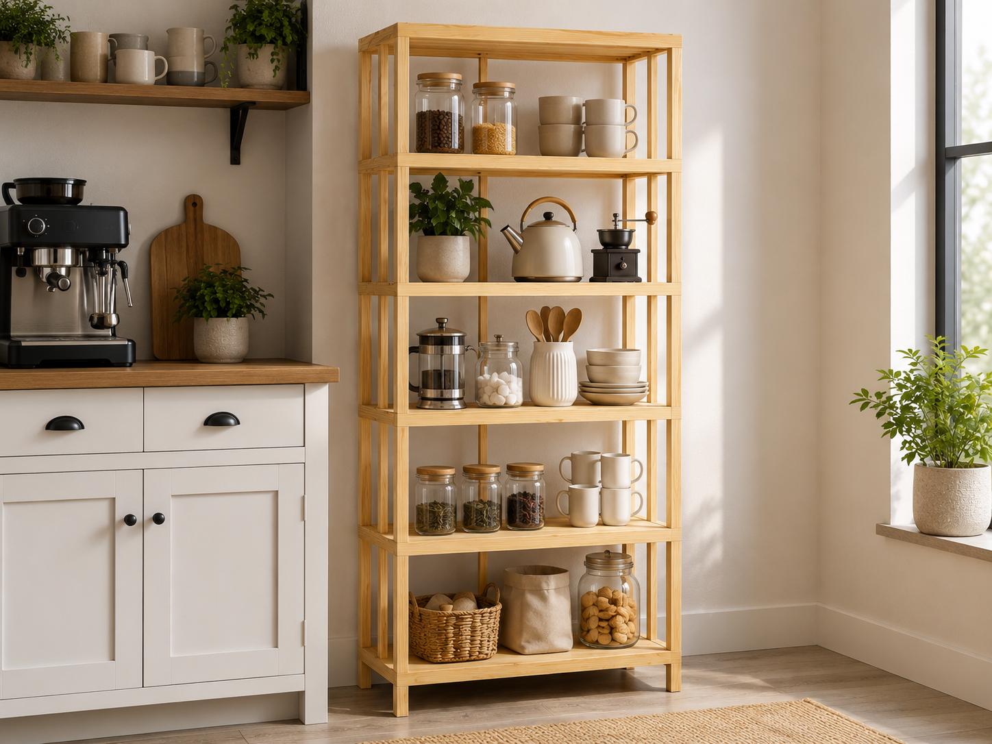 Natural Pine Wood 5-Shelf Bathroom Organizer
