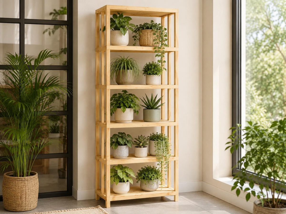 Natural Pine Wood 5-Shelf Bathroom Organizer