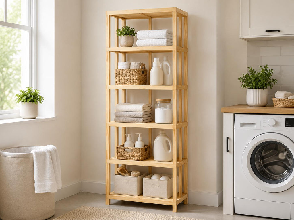 Natural Pine Wood 5-Shelf Bathroom Organizer