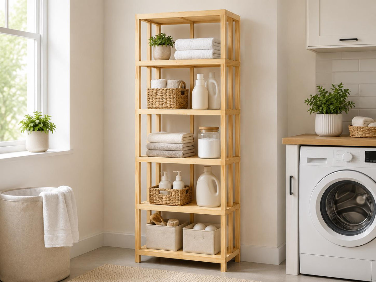 Natural Pine Wood 5-Shelf Bathroom Organizer