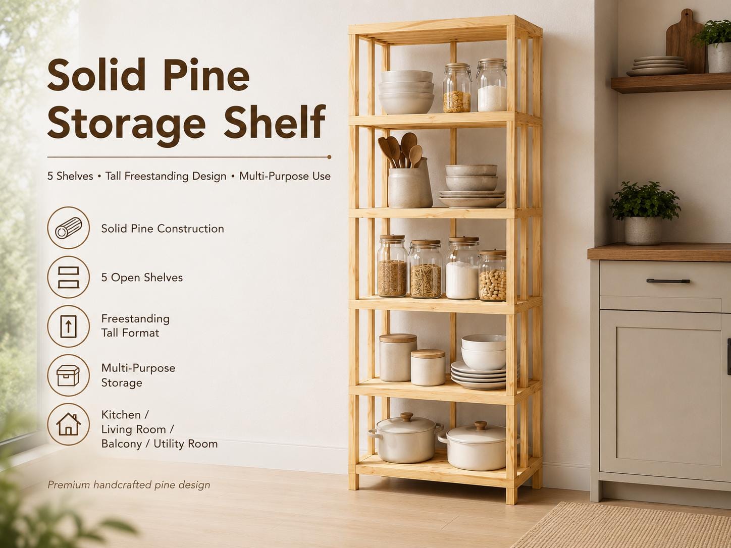 Natural Pine Wood 5-Shelf Bathroom Organizer