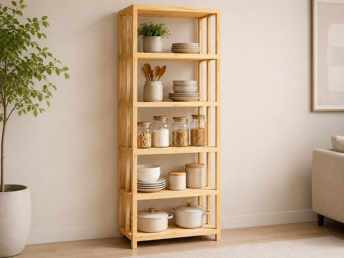 Natural Pine Wood 5-Shelf Bathroom Organizer