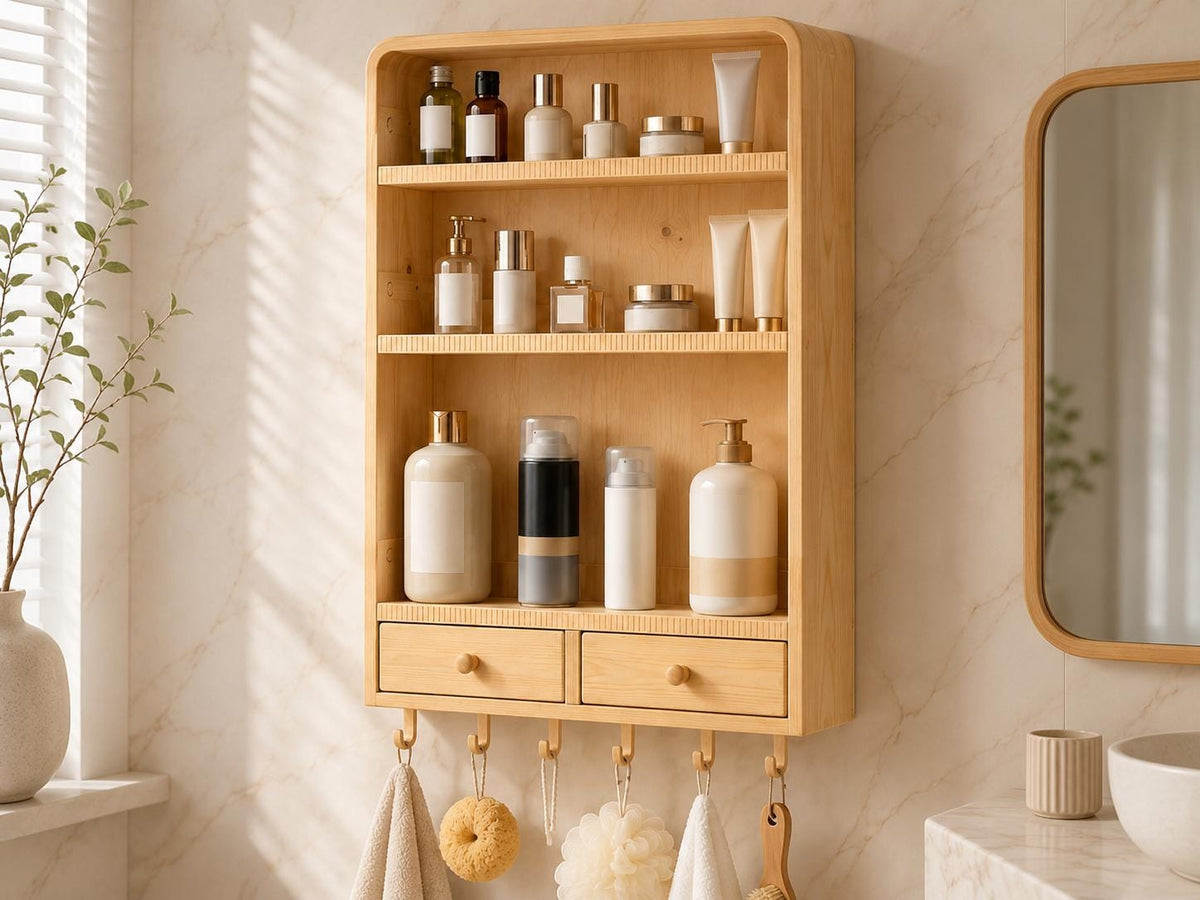 Natural Pine Wall Cabinet with Drawers for Bathroom