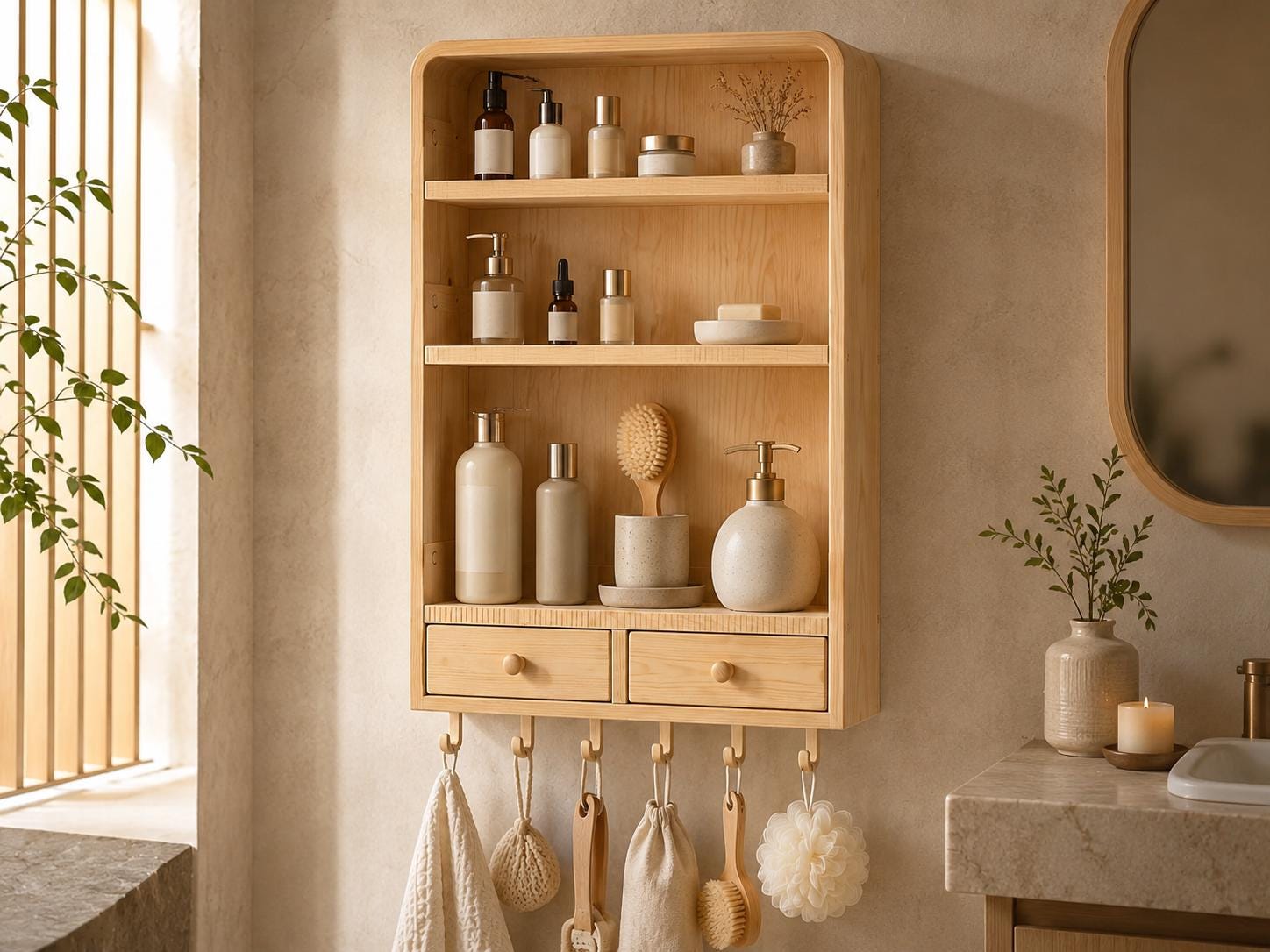 Natural Pine Wall Cabinet with Drawers for Bathroom