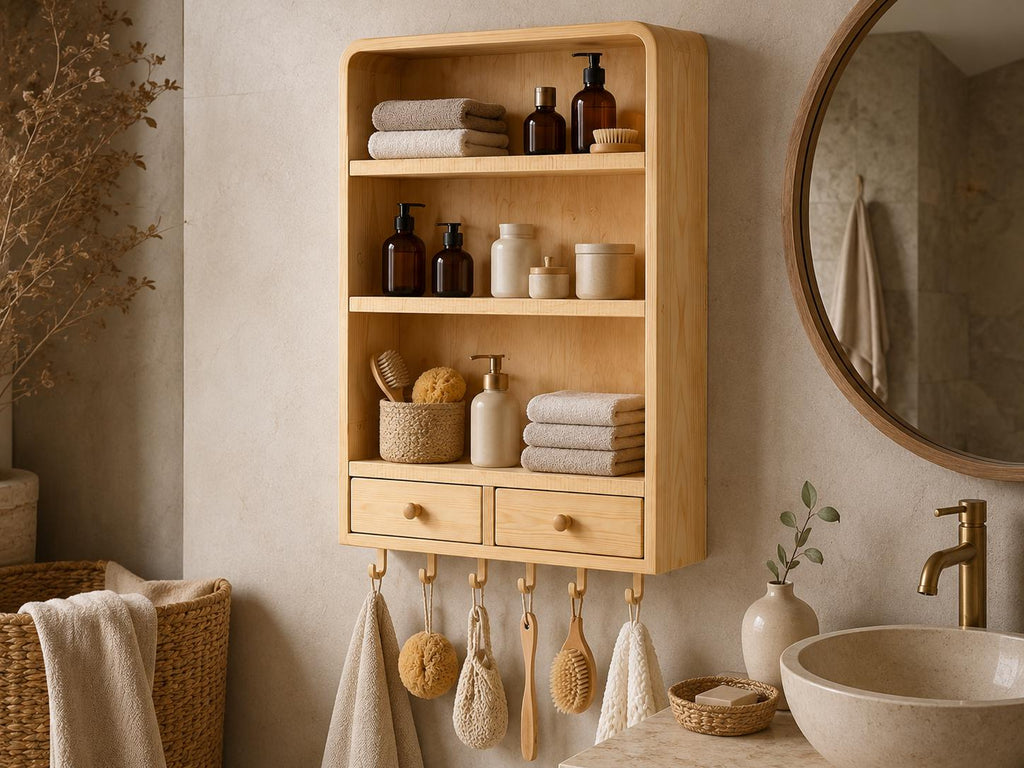 Natural Pine Wall Cabinet with Drawers for Bathroom