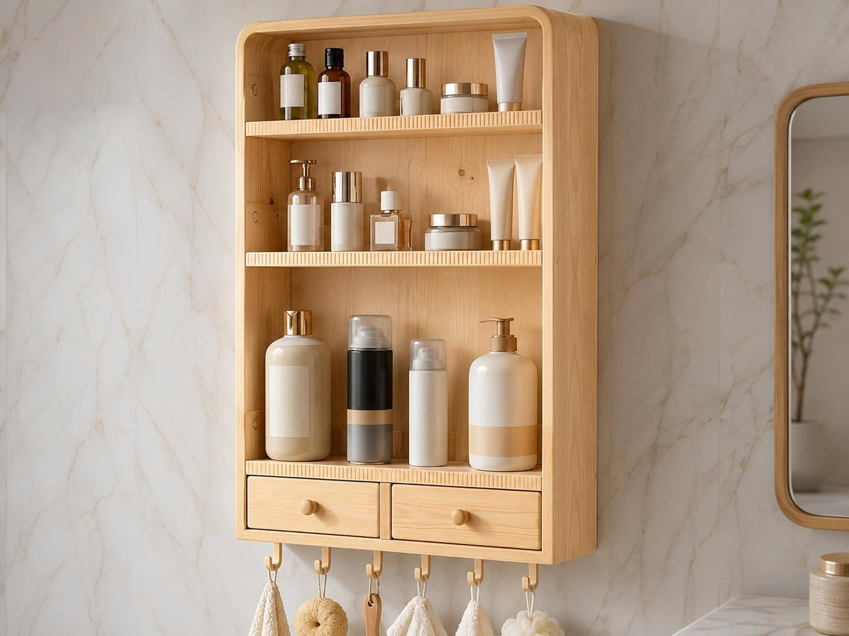 Natural Pine Wall Cabinet with Drawers for Bathroom