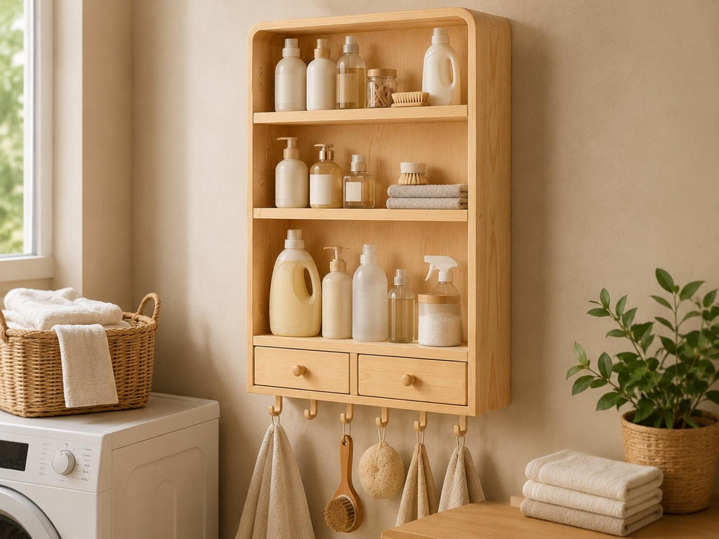 Natural Pine Wall Cabinet with Drawers for Bathroom