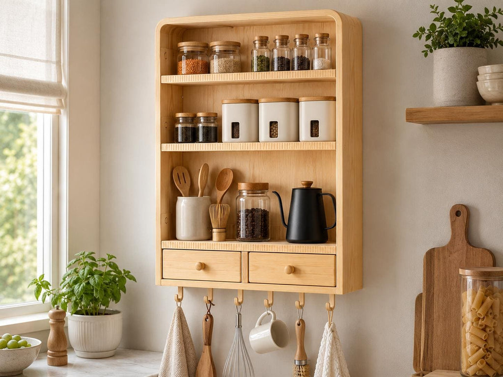 Natural Pine Wall Cabinet with Drawers for Bathroom
