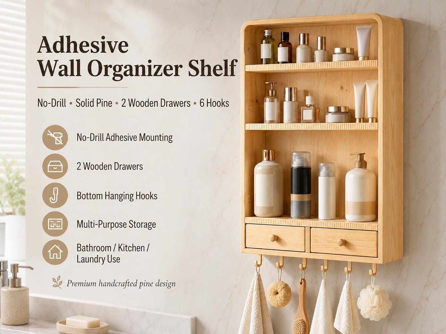Natural Pine Wall Cabinet with Drawers for Bathroom