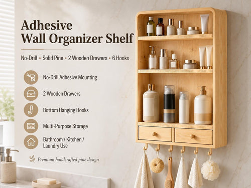 Natural Pine Wall Cabinet with Drawers for Bathroom