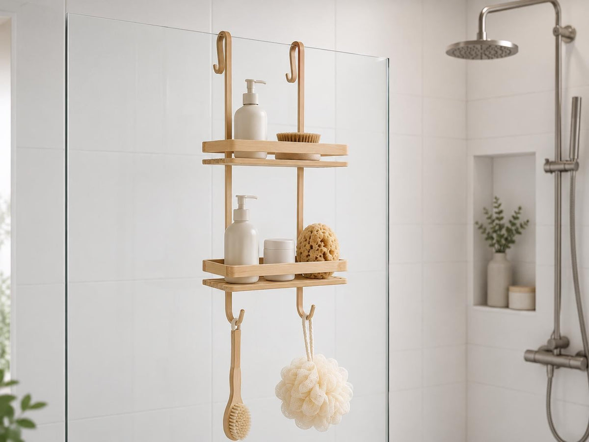 Natural Pine Wood Two-Tier Shower Caddy | Over-Door Bathroom Organizer