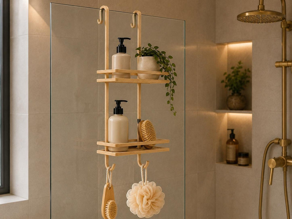 Natural Pine Wood Two-Tier Shower Caddy | Over-Door Bathroom Organizer