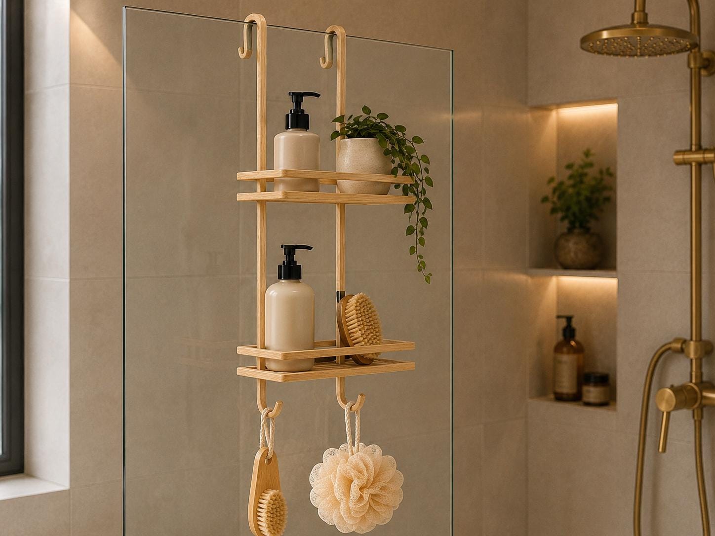 Natural Pine Wood Two-Tier Shower Caddy | Over-Door Bathroom Organizer