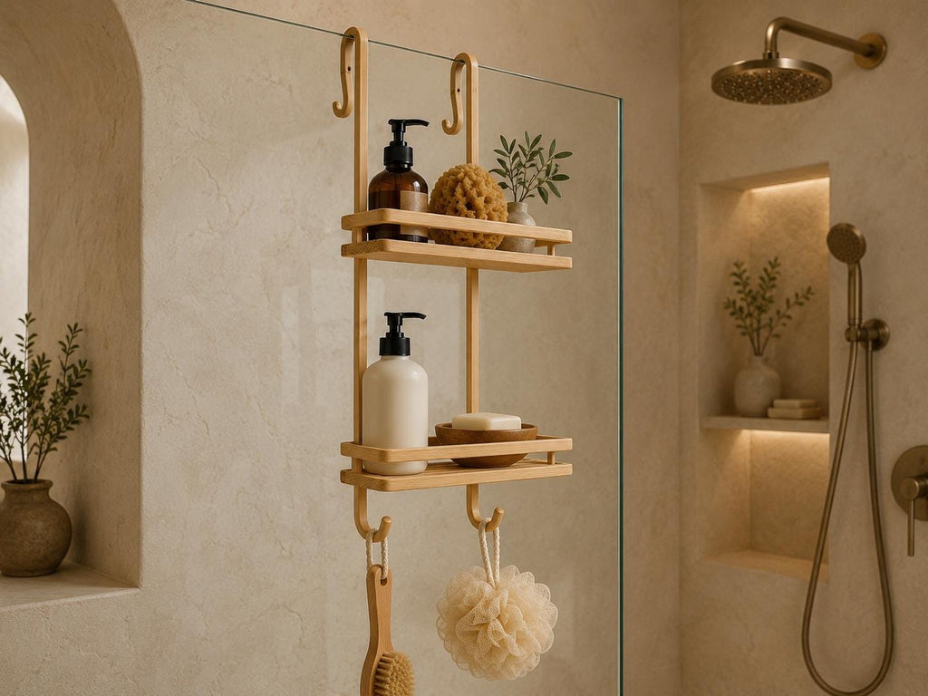 Natural Pine Wood Two-Tier Shower Caddy | Over-Door Bathroom Organizer