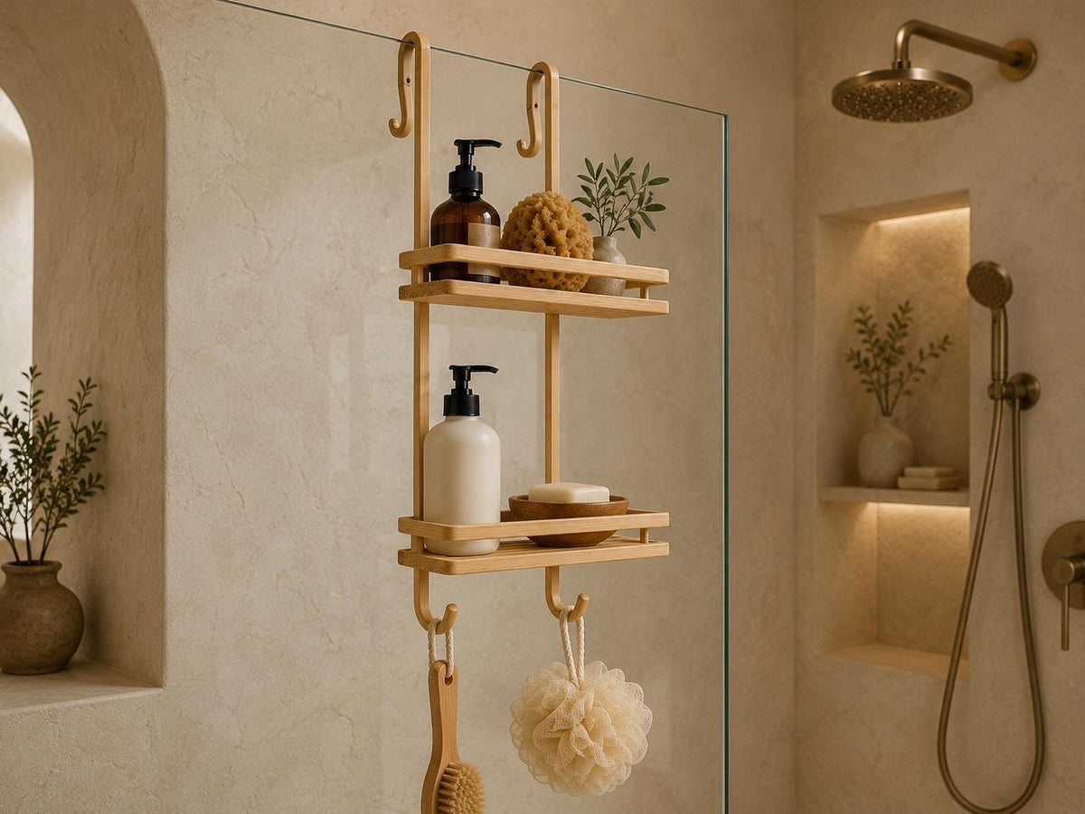 Natural Pine Wood Two-Tier Shower Caddy | Over-Door Bathroom Organizer