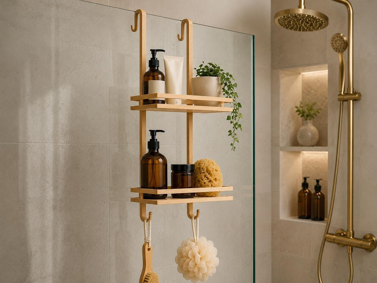 Natural Pine Wood Two-Tier Shower Caddy | Over-Door Bathroom Organizer