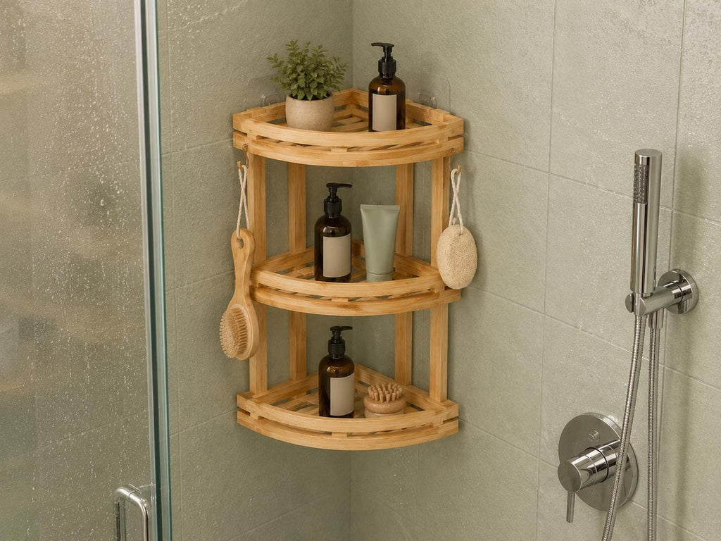 Natural Pine Wood Bathroom Storage, Eco-Friendly Shower Shelf, Stylish Home Organization, Bathroom Decor