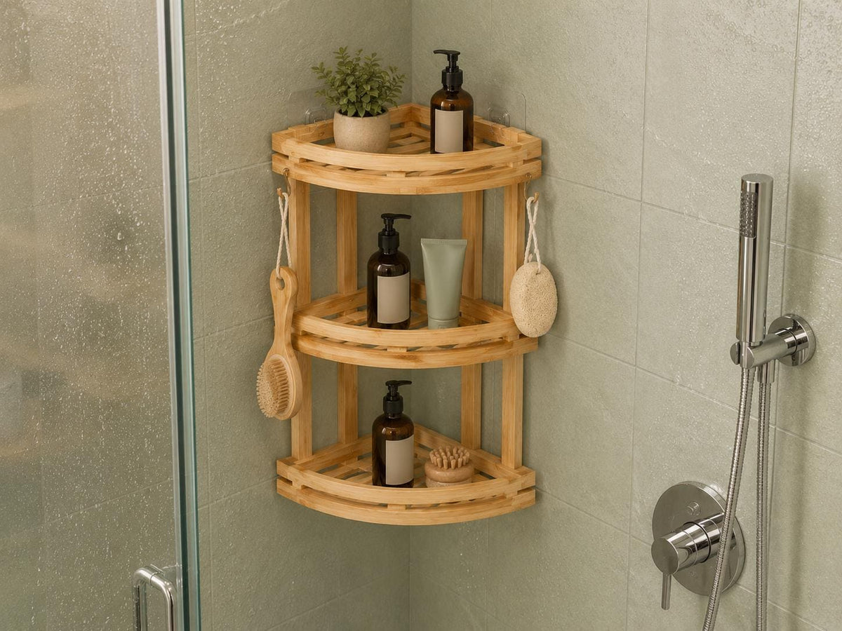 Natural Pine Wood Bathroom Storage, Eco-Friendly Shower Shelf, Stylish Home Organization, Bathroom Decor