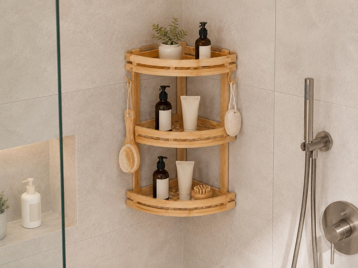 Natural Pine Wood Bathroom Storage, Eco-Friendly Shower Shelf, Stylish Home Organization, Bathroom Decor