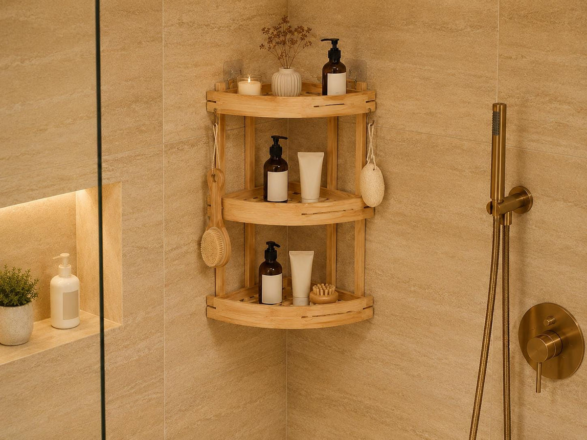 Natural Pine Wood Bathroom Storage, Eco-Friendly Shower Shelf, Stylish Home Organization, Bathroom Decor