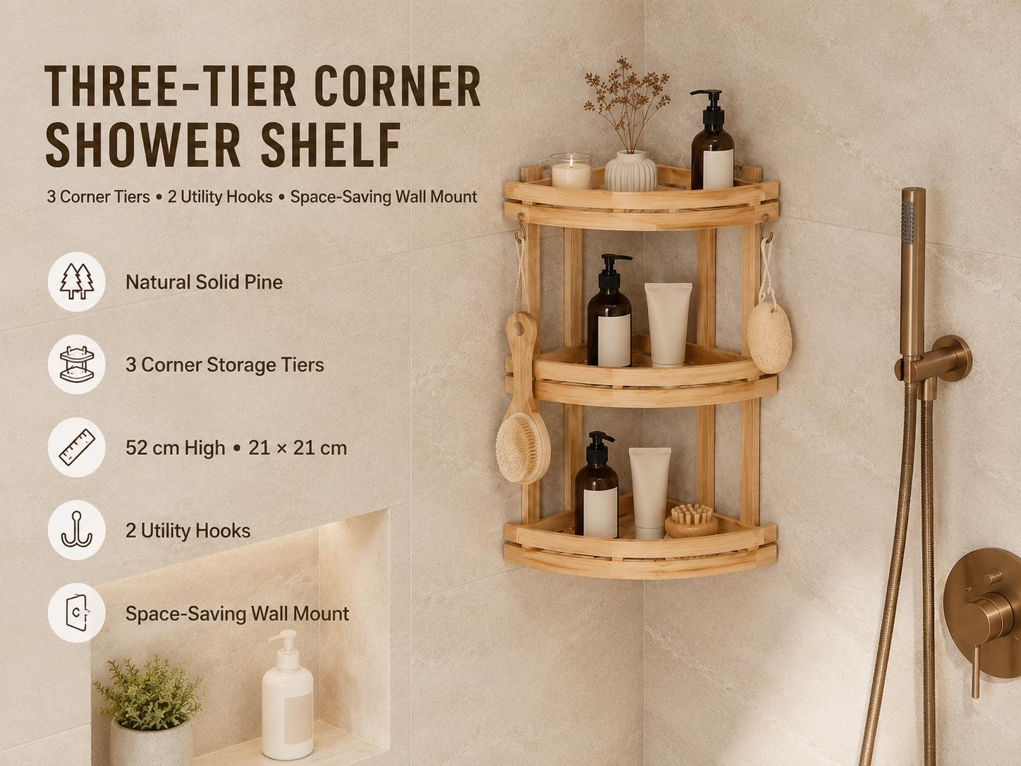 Natural Pine Wood Bathroom Storage, Eco-Friendly Shower Shelf, Stylish Home Organization, Bathroom Decor