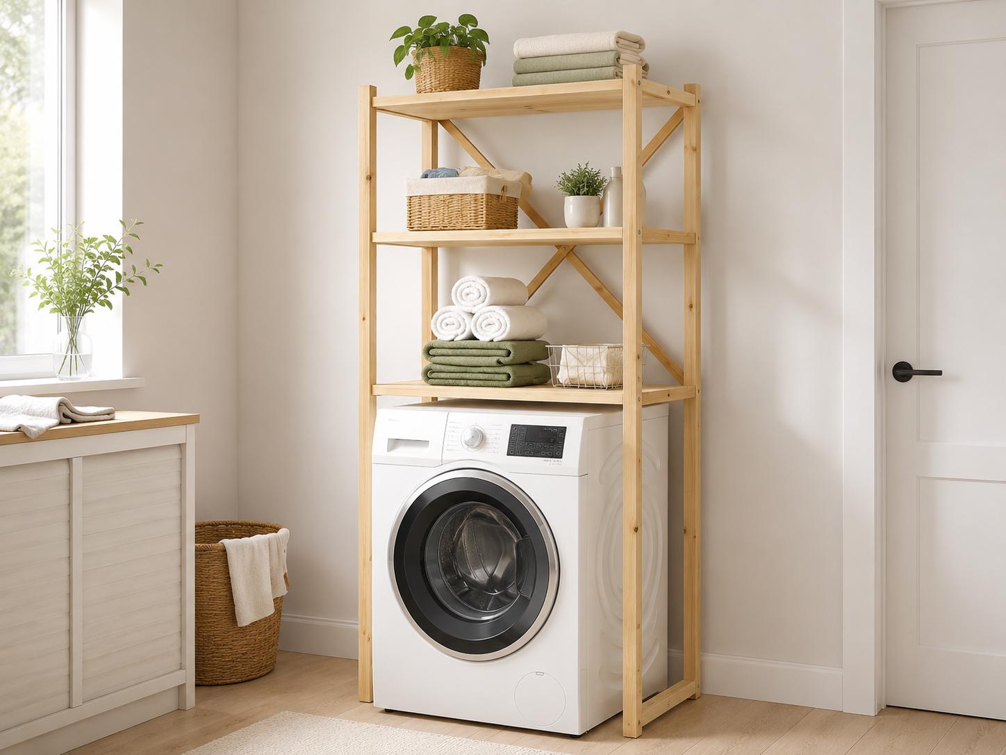 Over-Washer Storage Rack | Natural Solid Pine, 3 Shelves, Space-Saving Utility