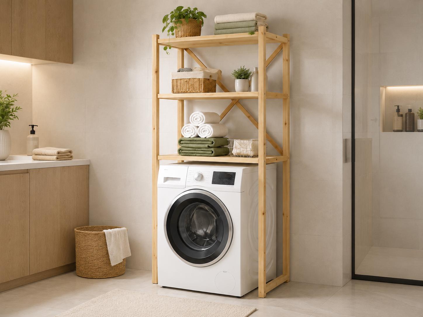 Over-Washer Storage Rack | Natural Solid Pine, 3 Shelves, Space-Saving Utility