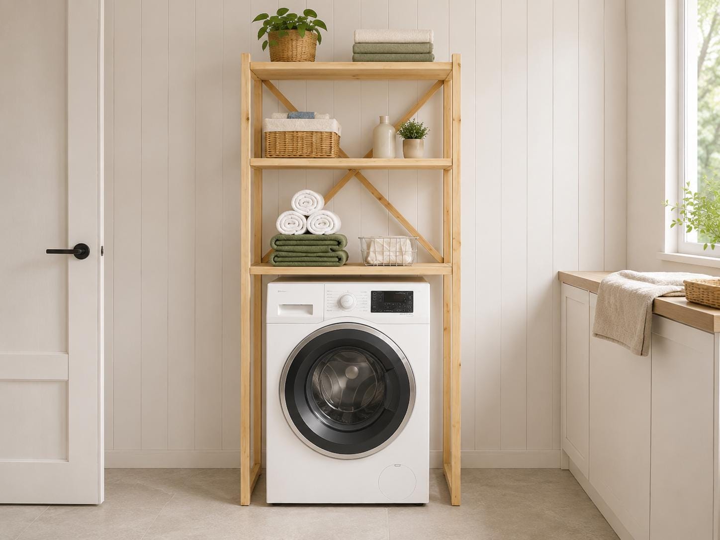 Over-Washer Storage Rack | Natural Solid Pine, 3 Shelves, Space-Saving Utility
