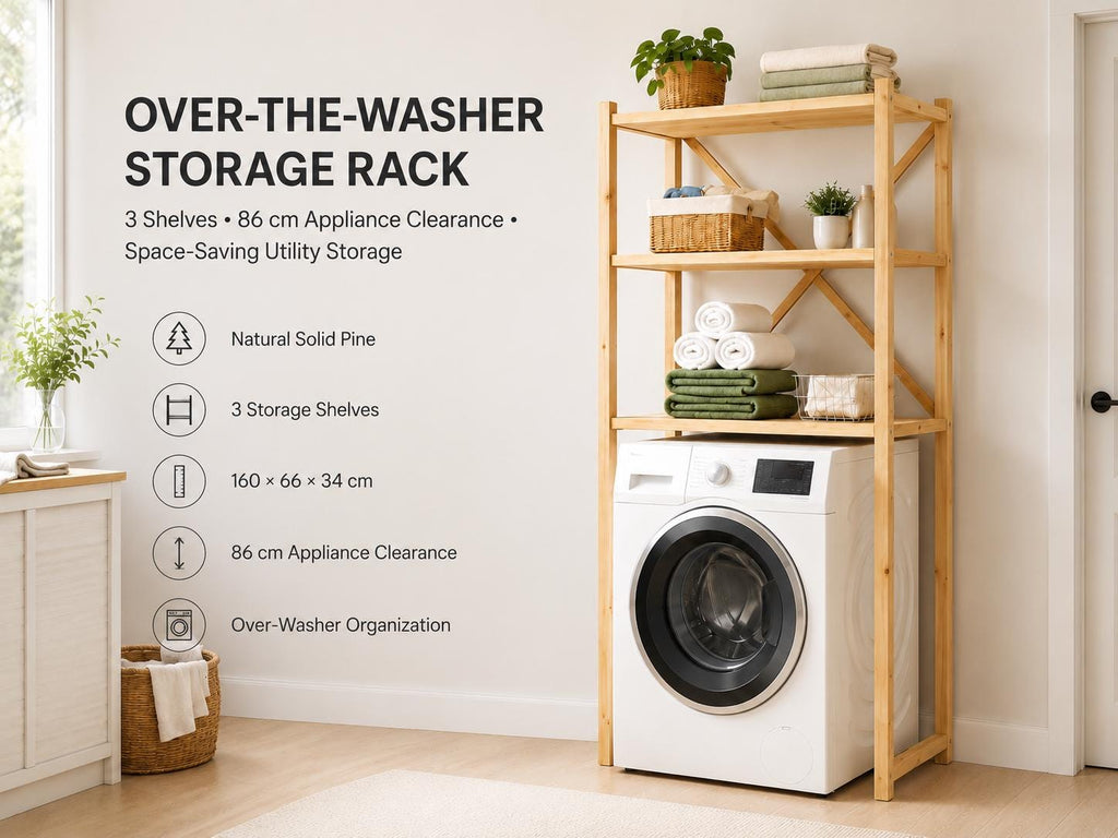 Over-Washer Storage Rack | Natural Solid Pine, 3 Shelves, Space-Saving Utility