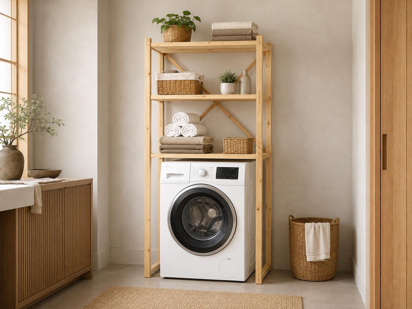 Over-Washer Storage Rack | Natural Solid Pine, 3 Shelves, Space-Saving Utility
