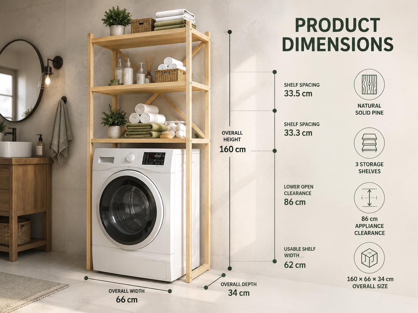 Over-Washer Storage Rack | Natural Solid Pine, 3 Shelves, Space-Saving Utility