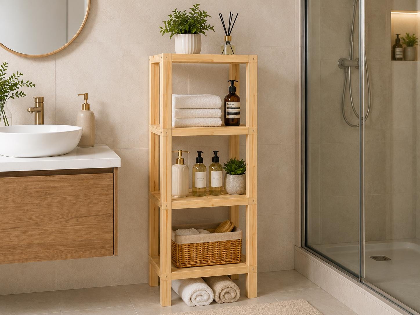 Natural Pine Wood 4-Tier Shelf | Compact Open Storage Rack